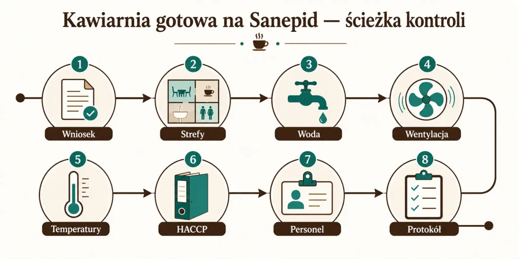 „Kawiarnia gotowa na Sanepid — ścieżka kontroli”. Na obrazie: wniosek, strefy lokalu, woda, wentylacja, temperatury, HACCP, personel, protokół