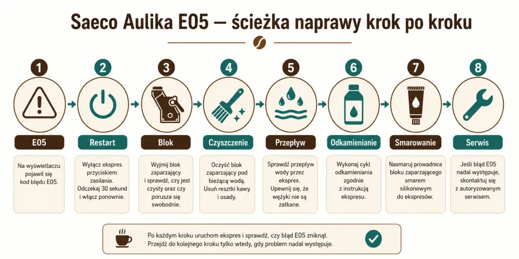 „Saeco Aulika E05 — ścieżka naprawy krok po kroku”. Na obrazie: komunikat E05, restart, blok zaparzający, czyszczenie, przepływ wody, odkamienianie, smarowanie, serwis