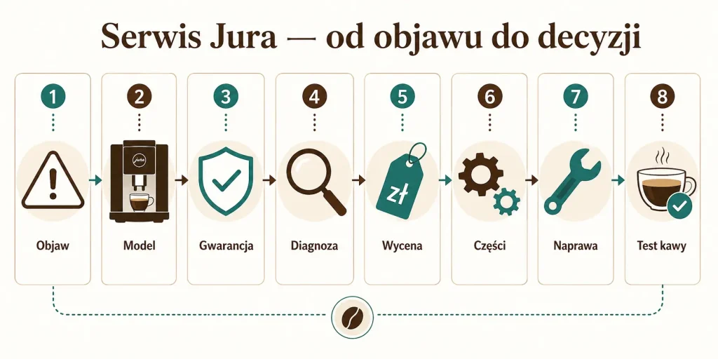 „Serwis Jura — od objawu do decyzji”. Na obrazie: objaw, model, gwarancja, diagnostyka, wycena, części, naprawa, test kawy