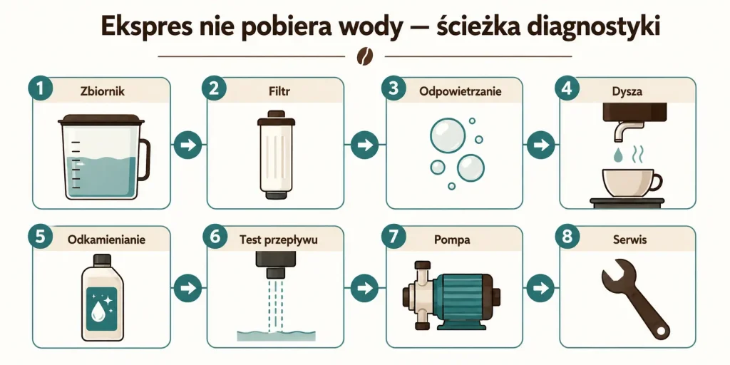 „Ekspres nie pobiera wody — ścieżka diagnostyki”. Na obrazie: zbiornik, filtr, odpowietrzanie, dysza, odkamienianie, test przepływu, pompa, serwis