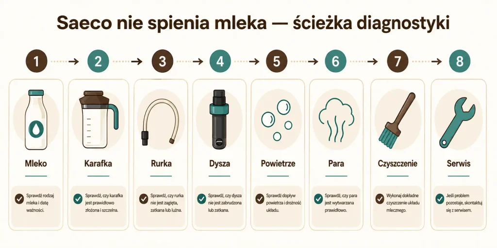 „Saeco nie spienia mleka — ścieżka diagnostyki”. Na obrazie: mleko, karafka, rurka, dysza, kanał powietrza, para, czyszczenie, serwis