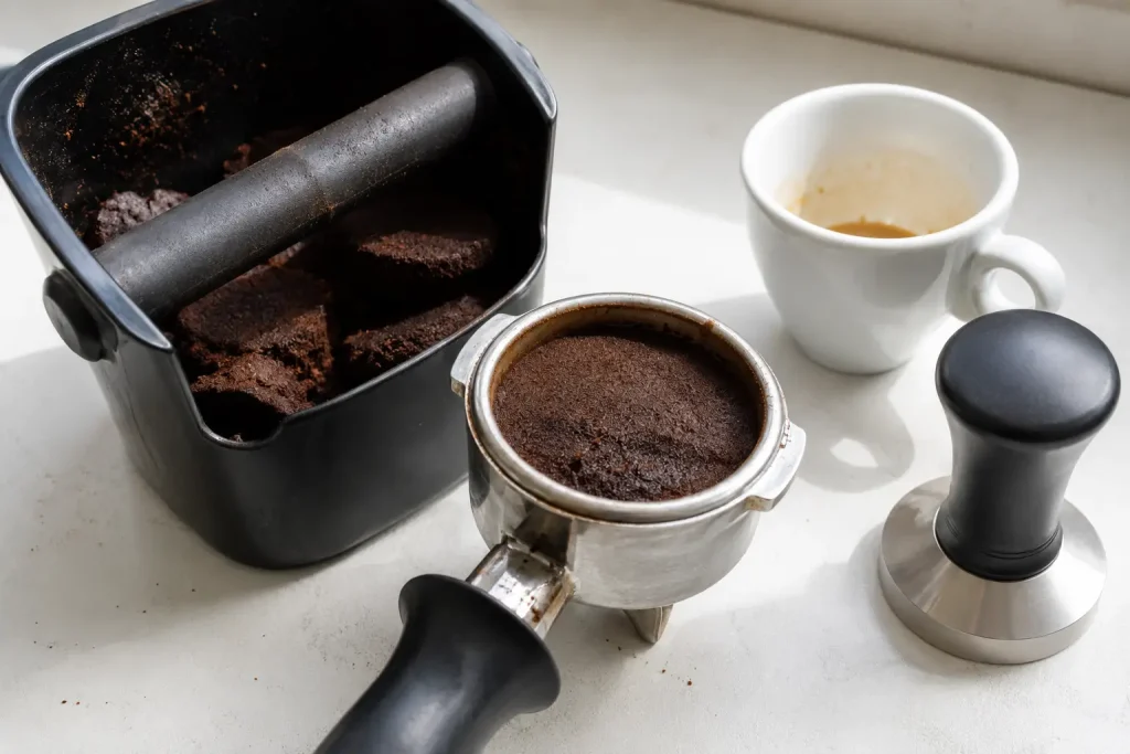 Kolba po espresso, zbity krążek kawy, knock box z gumowanym drążkiem, tamper i filiżanka na jasnym blacie