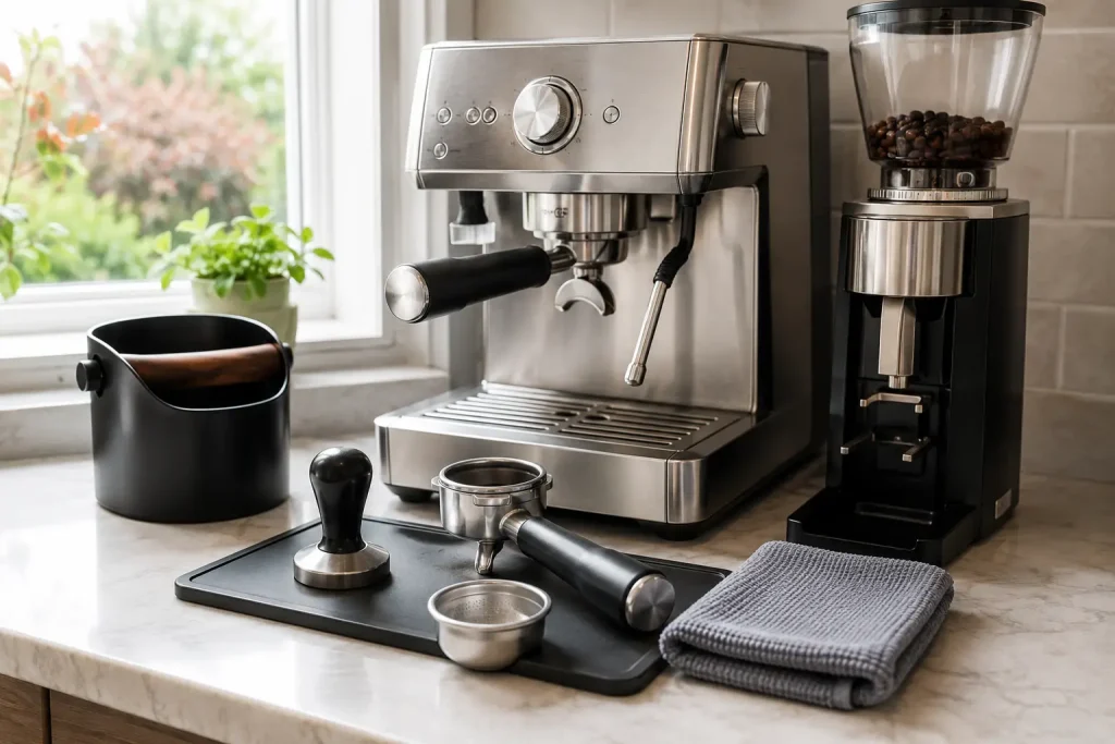Domowe stanowisko espresso z ekspresem kolbowym, młynkiem, knock boxem, kolbą, sitkiem, tamperem i ściereczką