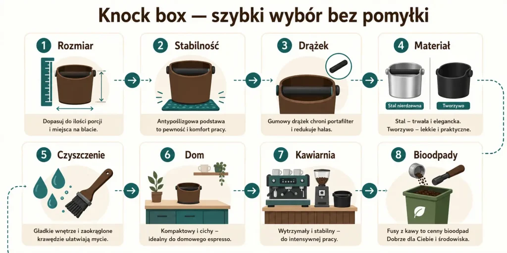 „Knock box — szybki wybór bez pomyłki”. Na obrazie: rozmiar, stabilność, drążek, materiał, czyszczenie, dom, kawiarnia, bioodpady