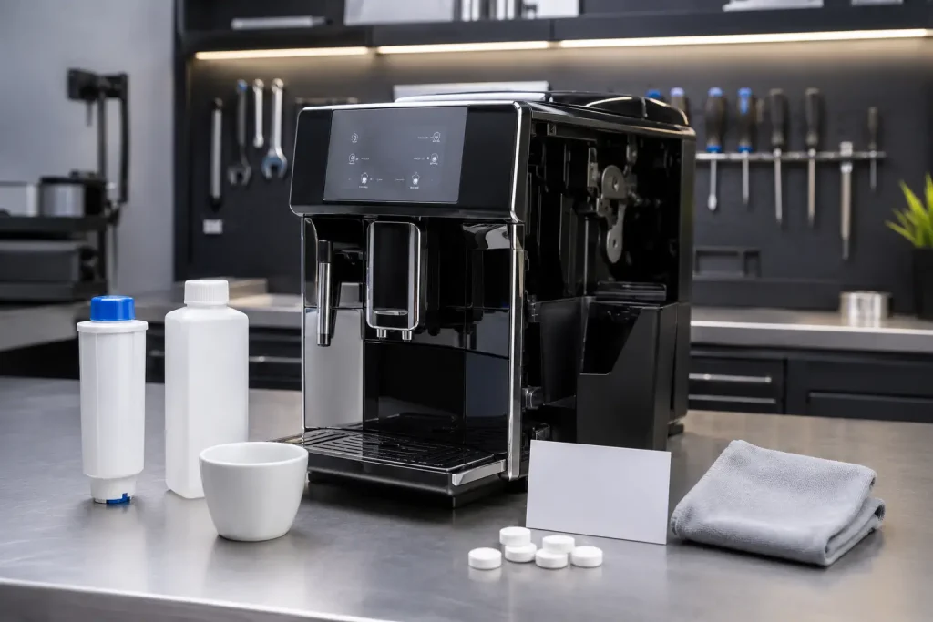 kilka modeli ekspresów Jura lub podobnych premium automatów, obok filtr, tabletki czyszczące, tacka i lista kontrolna błędów
