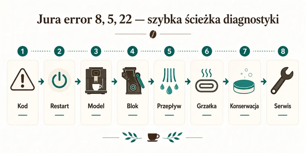 „Jura error 8, 5, 22 — szybka ścieżka diagnostyki”. Na obrazie: kod błędu, restart, model, blok zaparzający, przepływ, grzałka, konserwacja, serwis