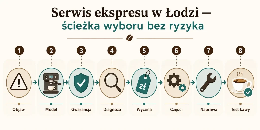  „Serwis ekspresu w Łodzi — ścieżka wyboru bez ryzyka”. Na obrazie: objaw, model, gwarancja, diagnoza, wycena, części, naprawa, test kawy