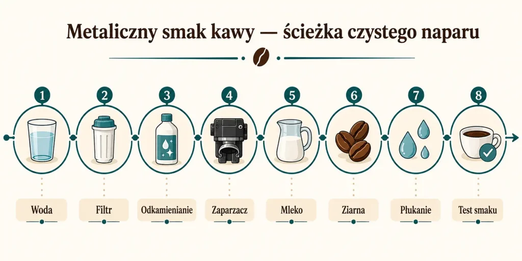 „Metaliczny smak kawy — ścieżka czystego naparu”. Na obrazie: woda, filtr, odkamienianie, zaparzacz, mleko, ziarna, płukanie, test smaku