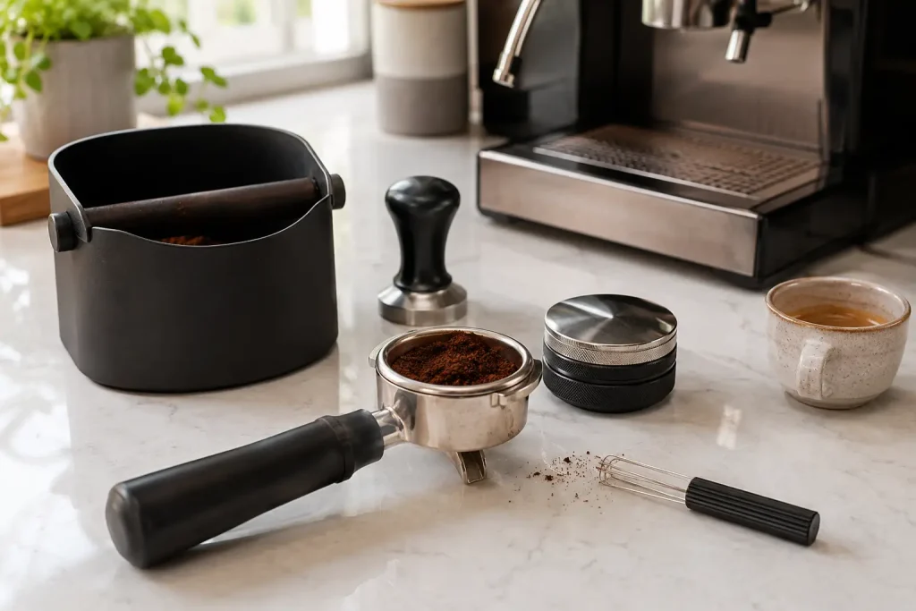 sitko ciśnieniowe i bezciśnieniowe pokazane obok siebie, portafilter, tamper, młynek i filiżanka espresso.