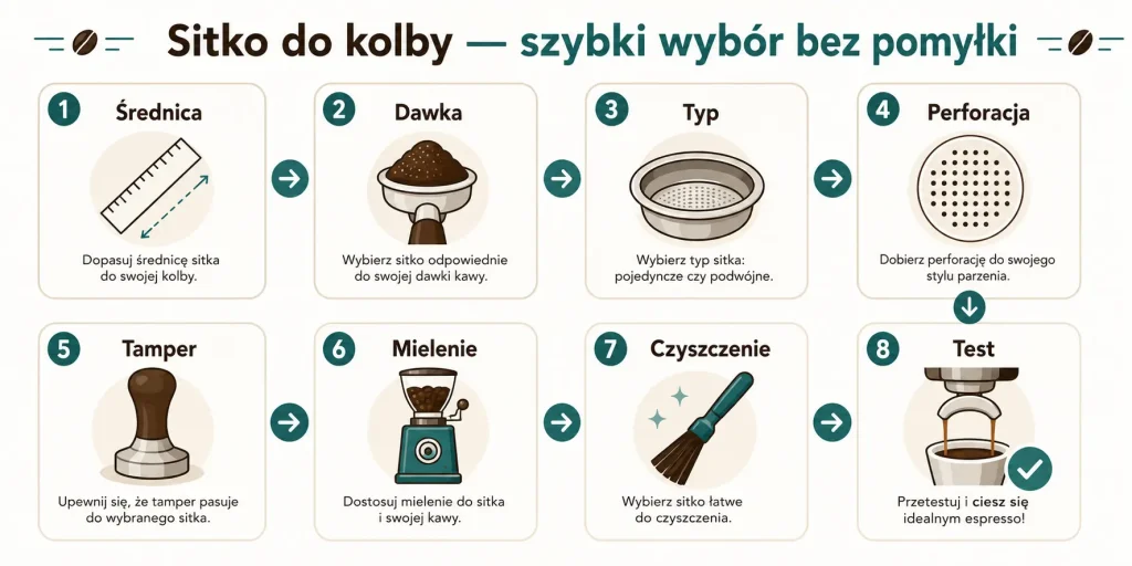  „Sitko do kolby — szybki wybór bez pomyłki”. Na obrazie: średnica, dawka, typ, perforacja, tamper, mielenie, czyszczenie, test ekstrakcji.