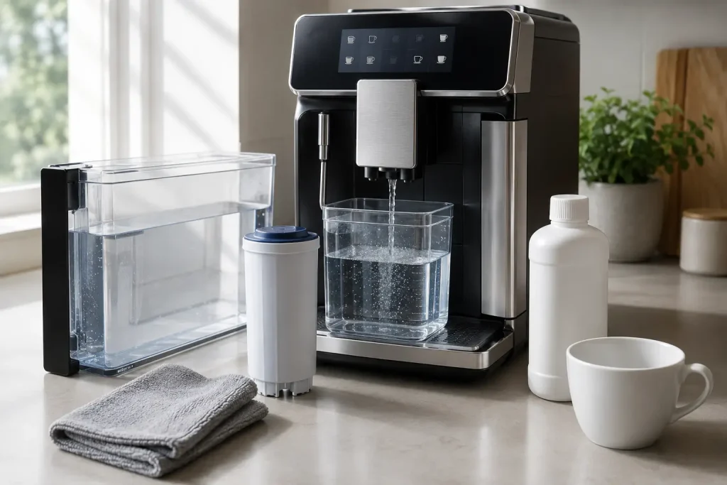 Ekspres Philips LatteGo podczas konserwacji, obok zbiornik wody, filtr AquaClean, pojemnik pod dyszą, środek do odkamieniania bez czytelnej etykiety i filiżanka
