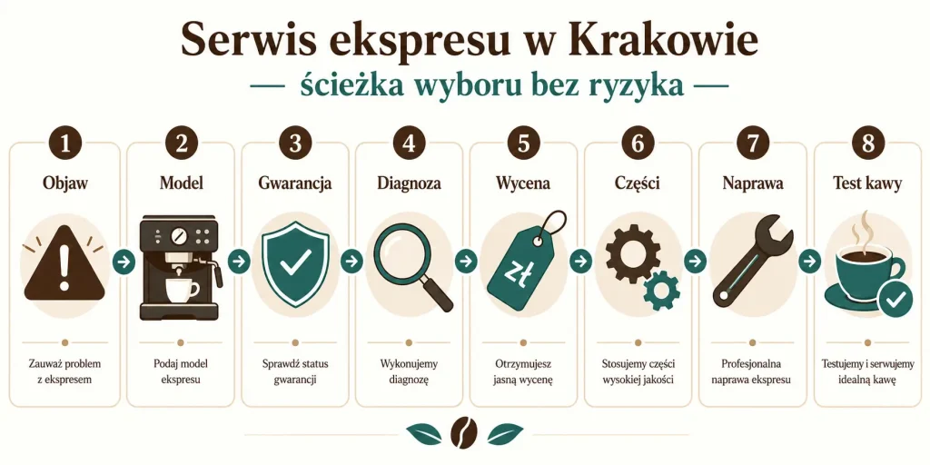  „Serwis ekspresu w Krakowie — ścieżka wyboru bez ryzyka”. Na obrazie: objaw, model, gwarancja, diagnoza, wycena, części, naprawa, test kawy