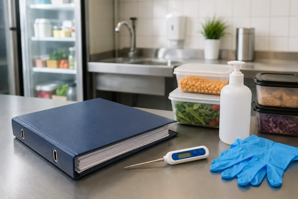 zaplecze kawiarni przygotowane do kontroli, segregator HACCP bez czytelnego tekstu, termometr, pojemniki na żywność, rękawiczki i czysty blat.