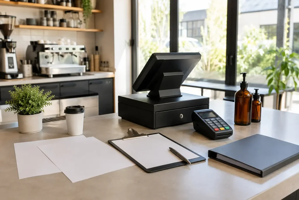 dokumenty menu kawiarni, pusta karta dań, filiżanka, kasa fiskalna, terminal, segregator i przykładowe butelki bez etykiet