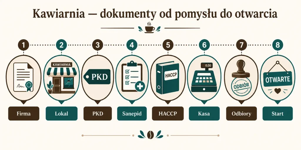  Kawiarnia — dokumenty od pomysłu do otwarcia. Na obrazie: firma, lokal, PKD, Sanepid, HACCP, kasa, odbiory, start sprzedaży