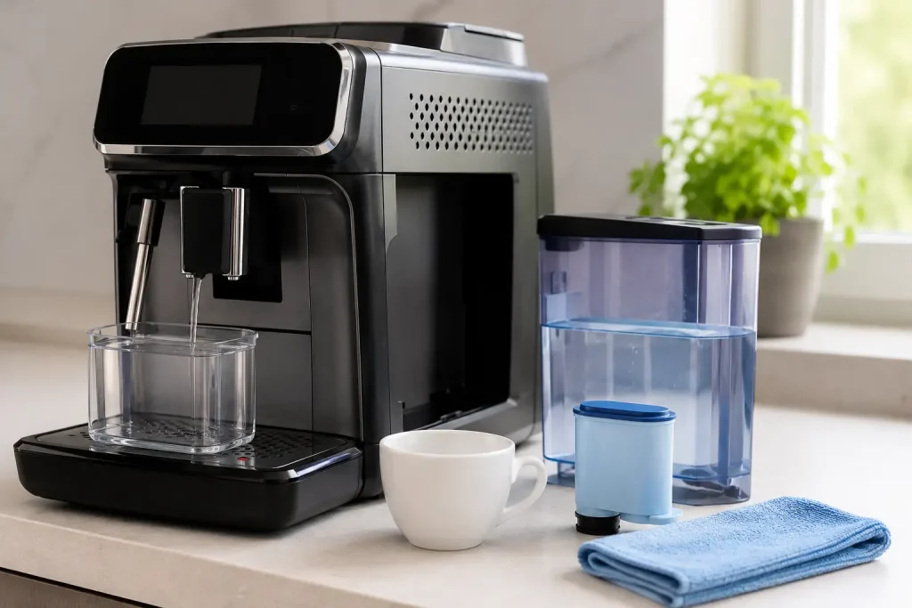 Ekspres Philips LatteGo przygotowany do odpowietrzania, zbiornik wody, filtr AquaClean, pojemnik pod dyszą, filiżanka i ściereczka