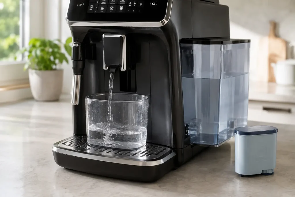 System LatteGo rozłożony do czyszczenia, pojemnik mleczny, elementy spieniacza, miska z wodą, filtr AquaClean i miękka ściereczka