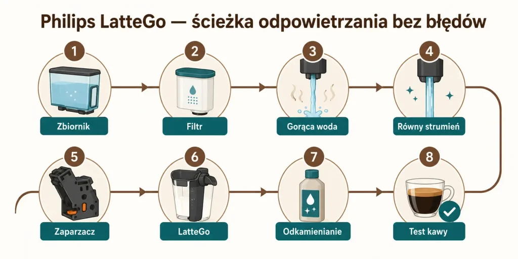„Philips LatteGo — ścieżka odpowietrzania bez błędów”. Na obrazie: zbiornik, filtr, gorąca woda, równy strumień, zaparzacz, LatteGo, odkamienianie, test kawy