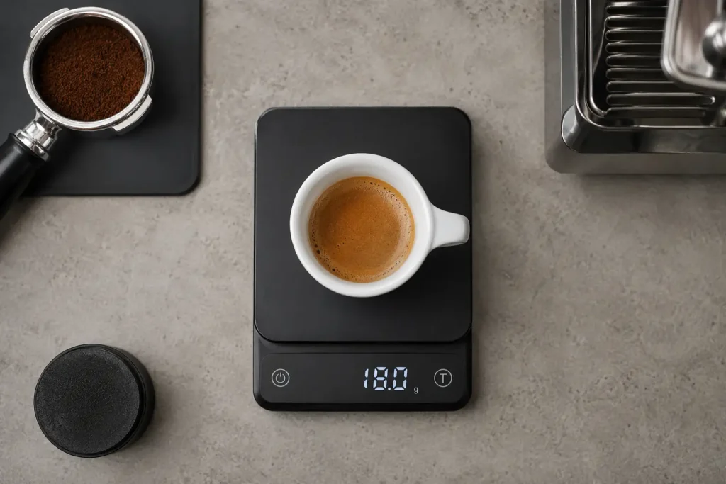 waga kuchenna z filiżanką espresso podczas ważenia dawki kawy