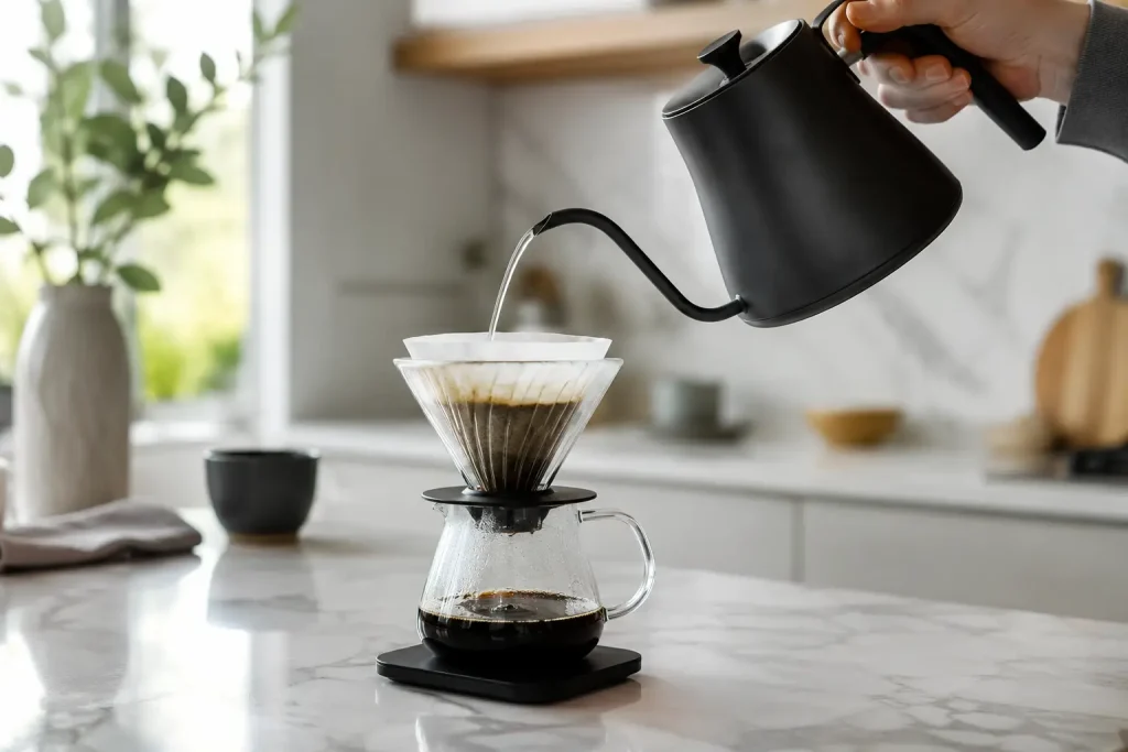 czajnik z gęsią szyją stojący na kuchennym blacie obok drippera i filiżanki