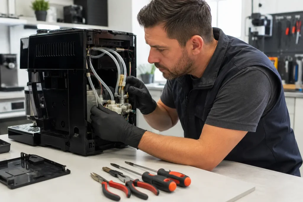 Technik kontrolujący przewody, zawór i połączenia wodne wewnątrz odłączonego ekspresu