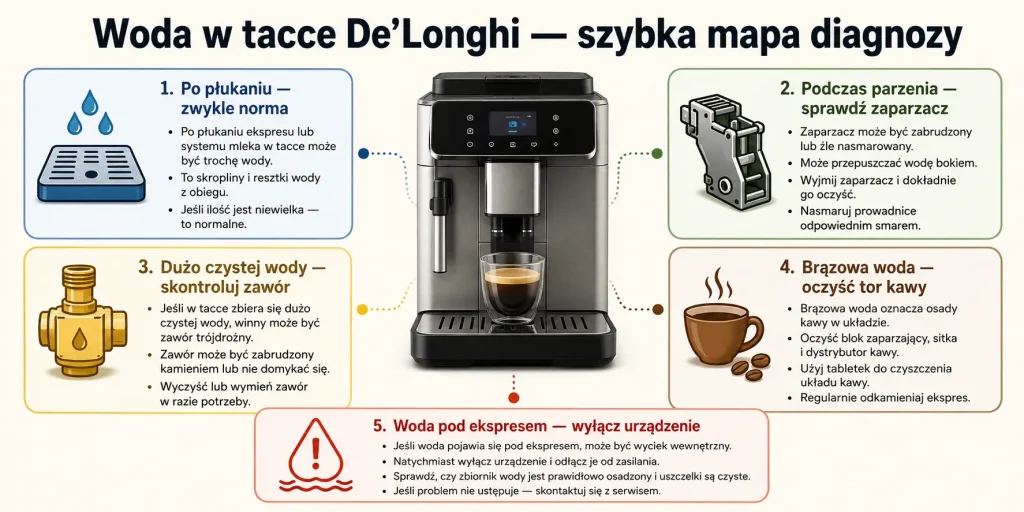  Woda w tacce De’Longhi — szybka mapa diagnozy