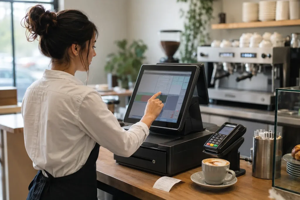 Barista obsługujący kasę online z ekranem POS