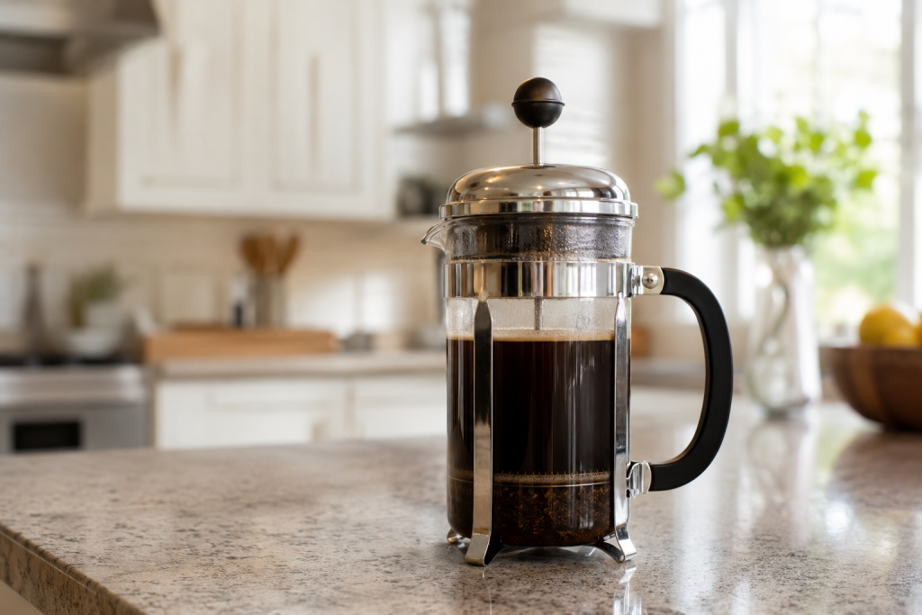 French press z gorącą kawą i widocznym tłokiem na kuchennym blacie