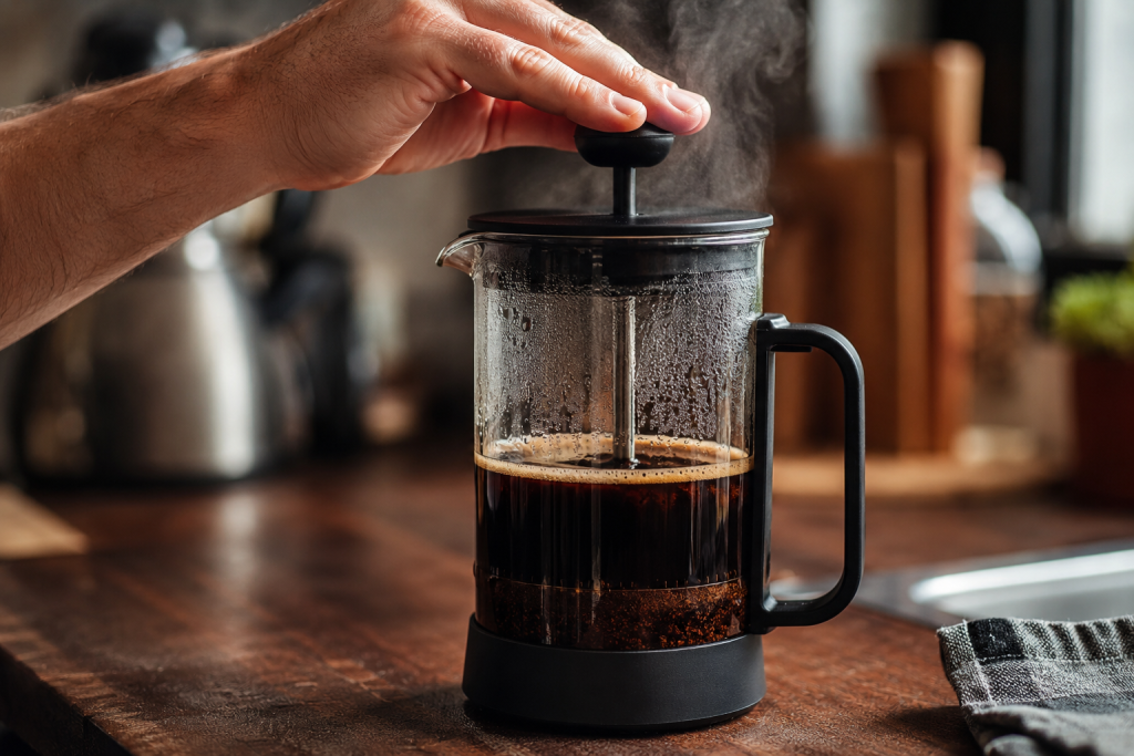 dłoń powoli dociskająca tłok French press podczas parzenia kawy