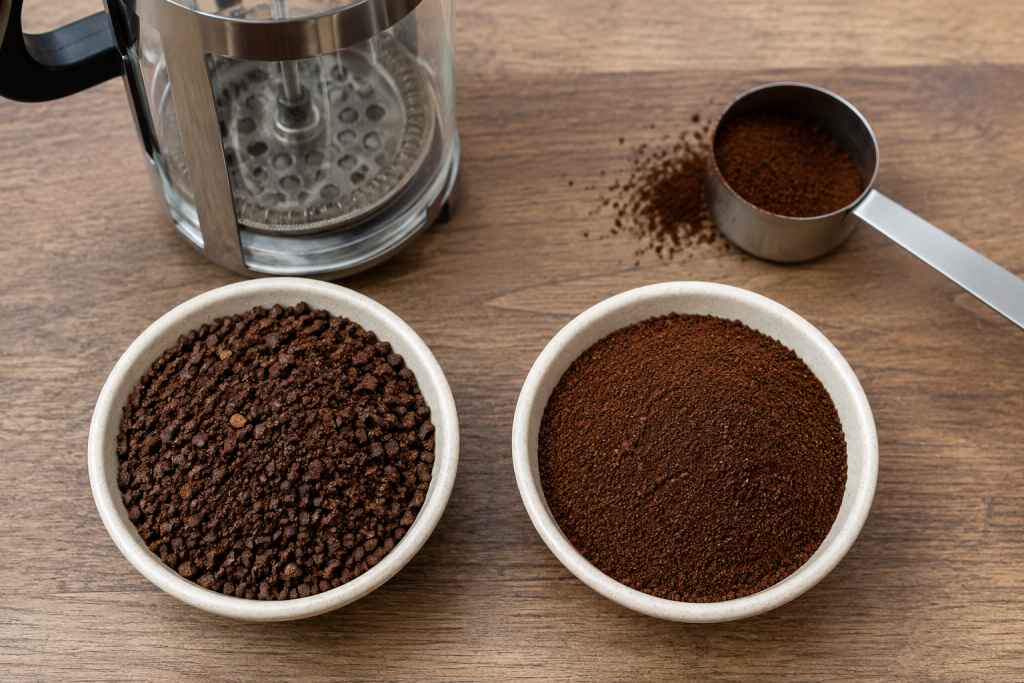 porównanie grubo zmielonej kawy do French press i drobniejszego przemiału obok siebie