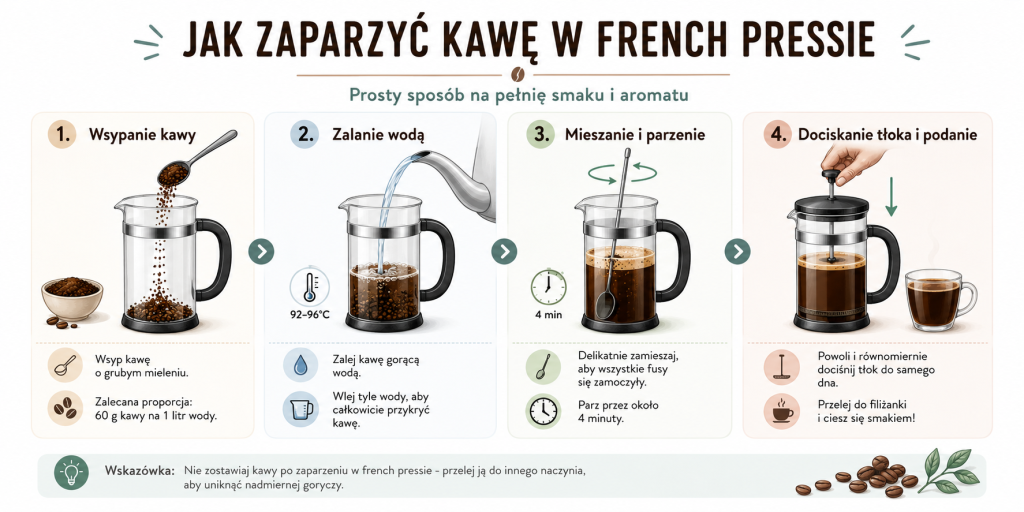 French press krok po kroku w 4 etapach