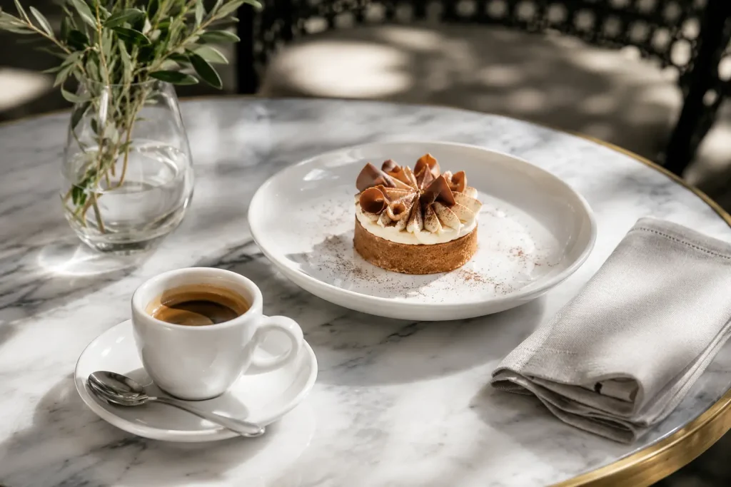 elegancka filiżanka espresso podana obok deseru w jasnym lokalu