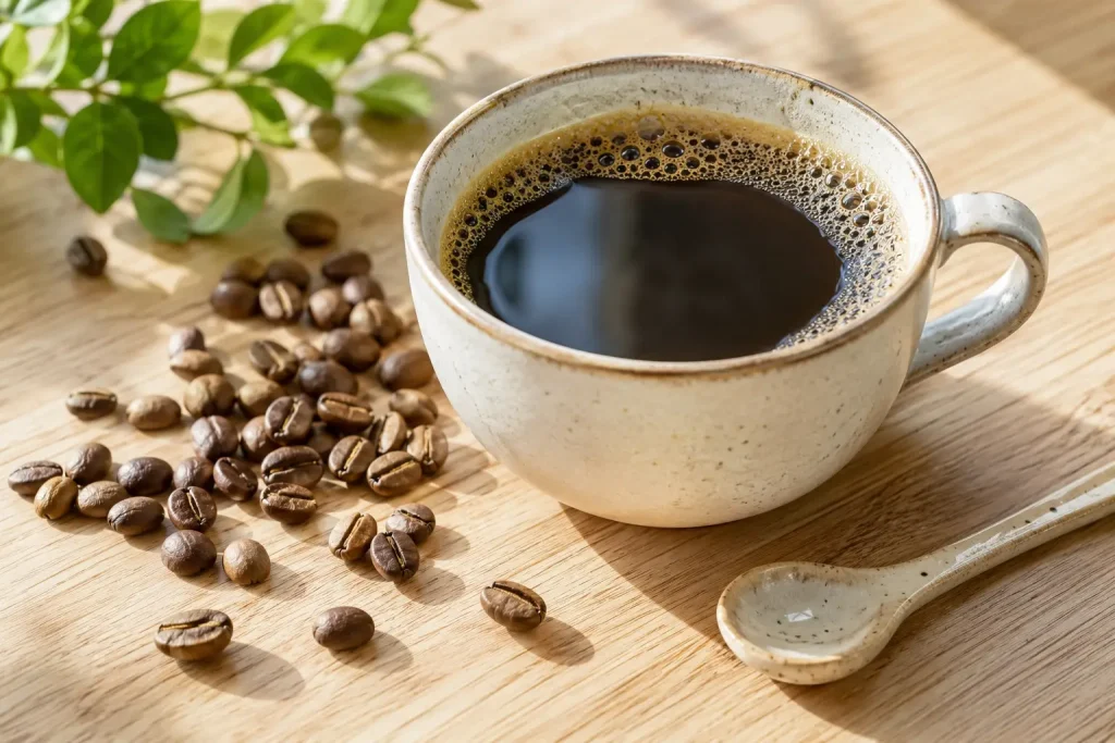 filiżanka kawy bezkofeinowej, ziarna decaf i jasne domowe tło