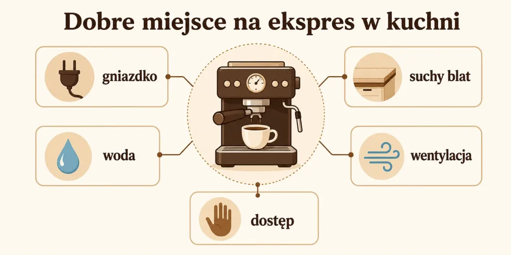 Dobre miejsce na ekspres w kuchni — gniazdko, woda, wentylacja, stabilny blat, dostęp