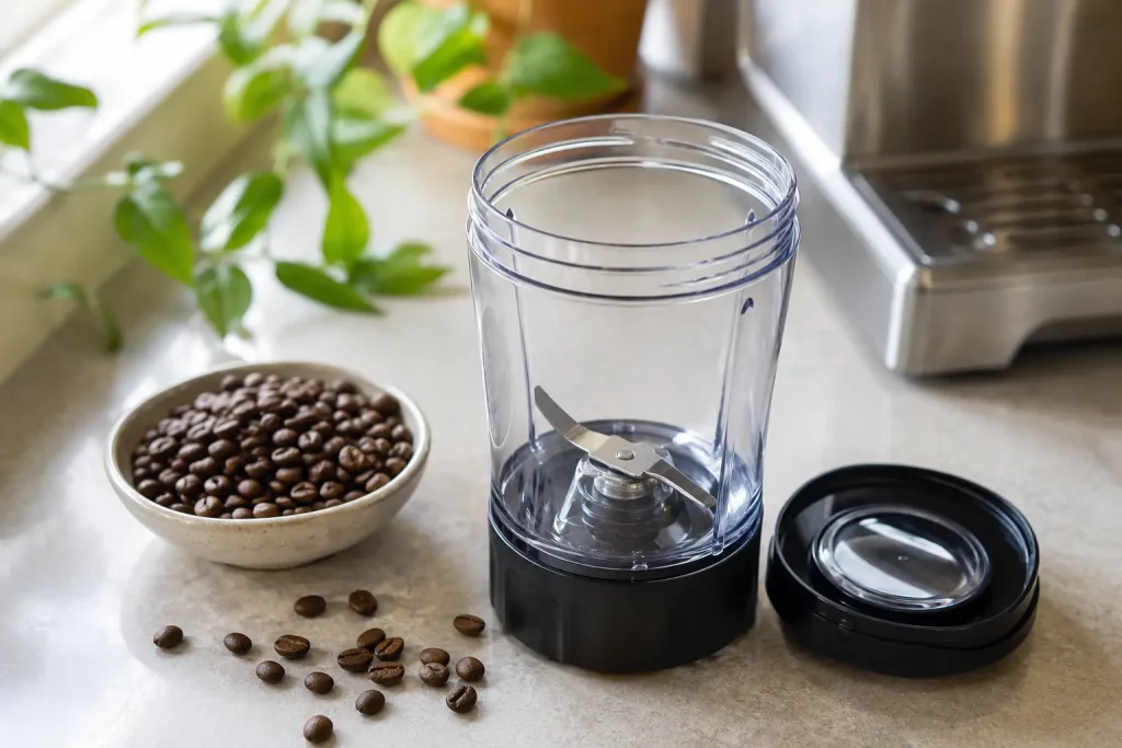 blender, ziarna kawy i mała porcja świeżo rozdrobnionej kawy