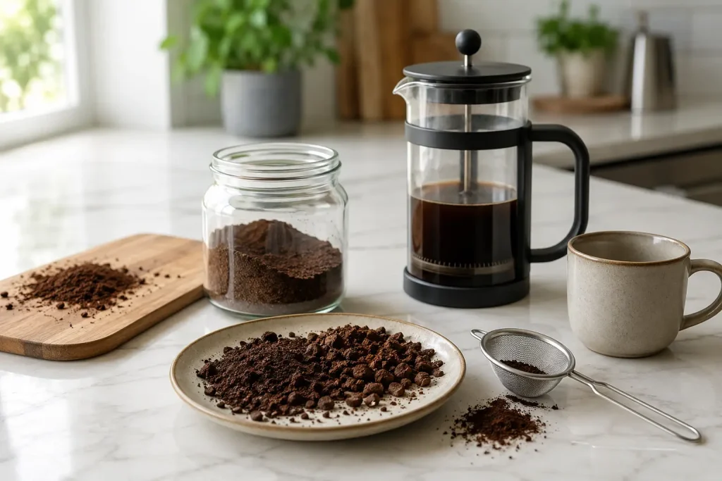 kawa rozdrobniona domowym sposobem, sitko, French press i filiżanka