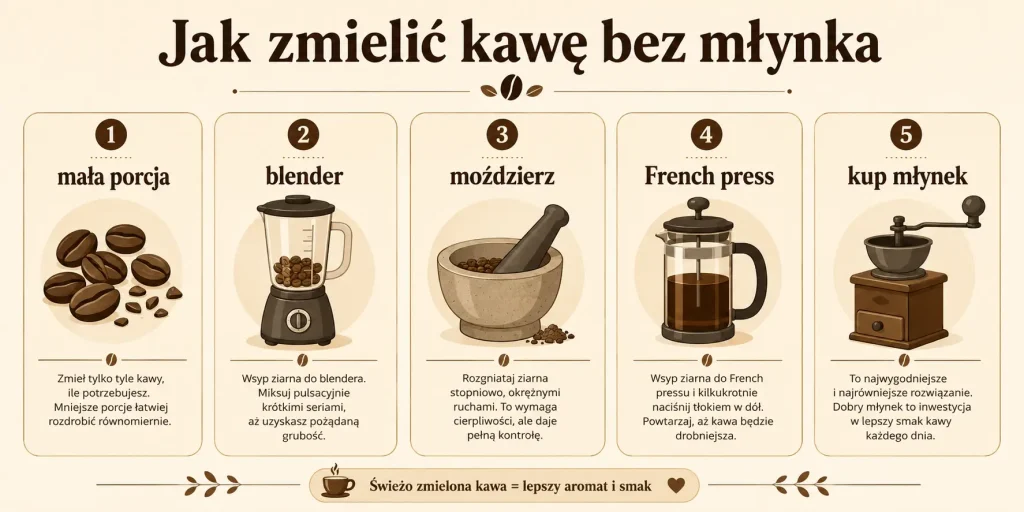 Jak zmielić kawę bez młynka — blender, moździerz, wałek, French press, młynek żarnowy