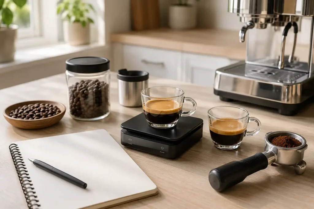 porównanie dwóch filiżanek espresso na wadze, notes z zapisanymi parametrami