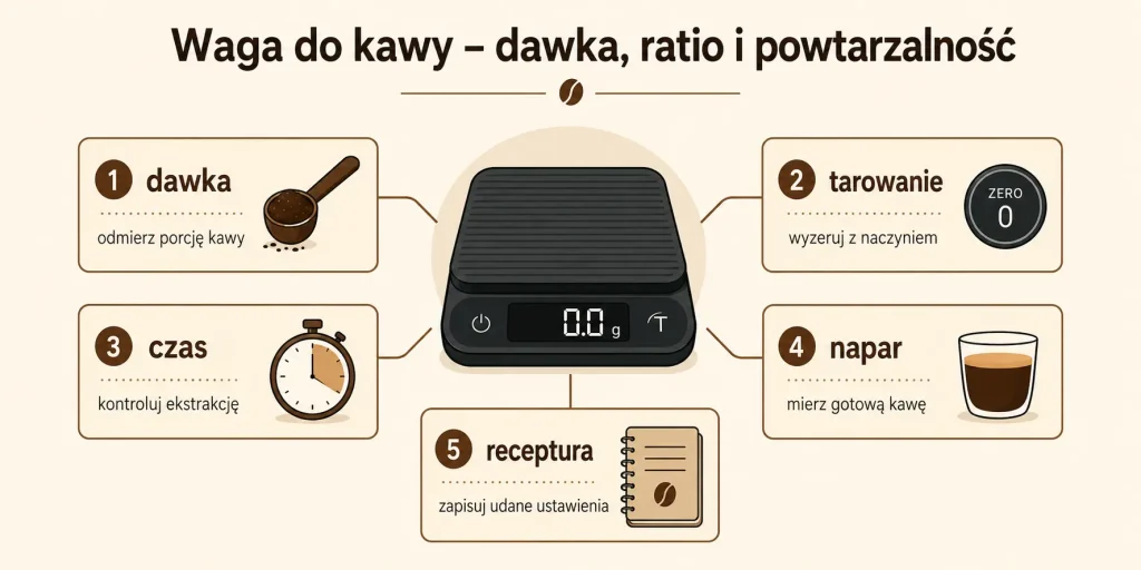 Waga do kawy — dawka, ratio, czas, napar, powtarzalność