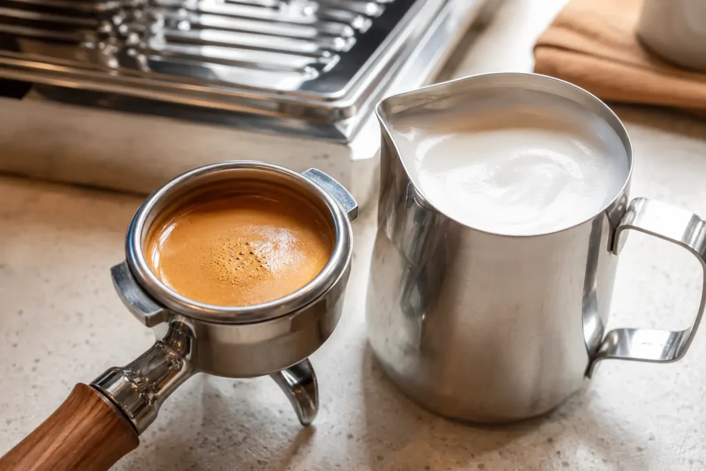  filiżanka espresso z cremą, dzbanek z mlekiem i stanowisko do latte art