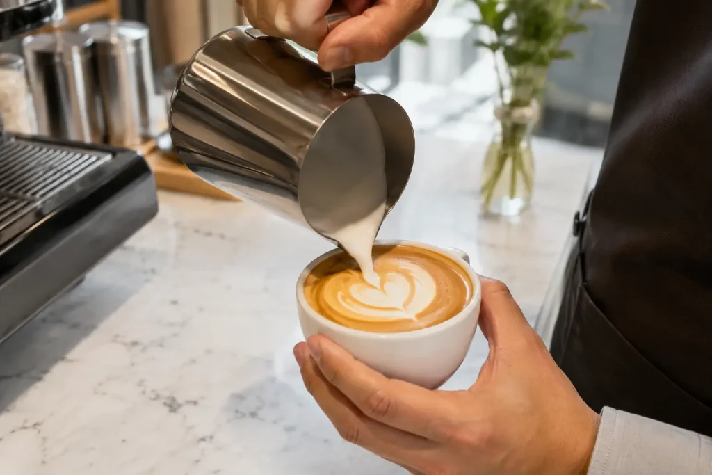 ręce baristy nalewające mleko do espresso podczas tworzenia serca