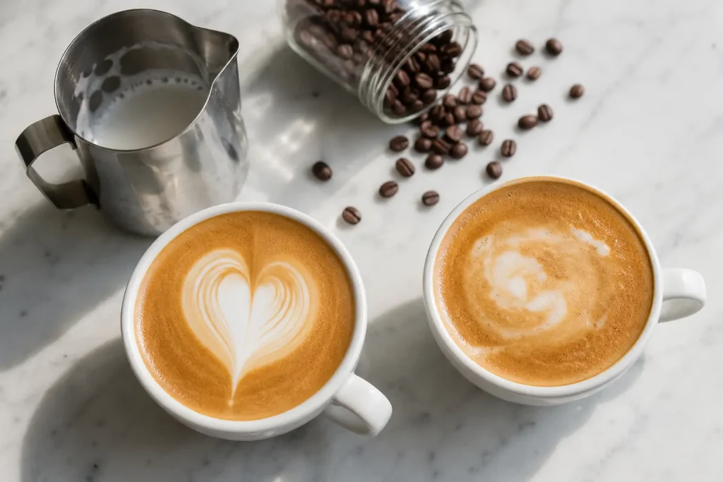 porównanie udanego i nieudanego wzoru latte art na dwóch filiżankach