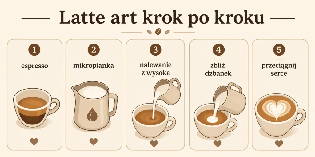 Latte art krok po kroku — espresso, mikropianka, wysokość, serce, praktyka