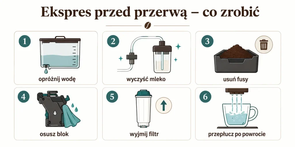 Ekspres przed przerwą — woda, mleko, fusy, blok, filtr, pierwsze płukanie