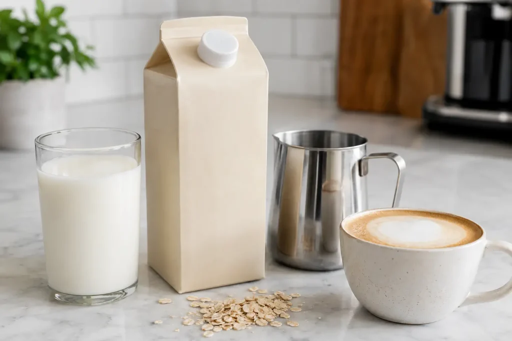 mleko krowie, napój owsiany barista, dzbanek do mleka i cappuccino z gładką pianką