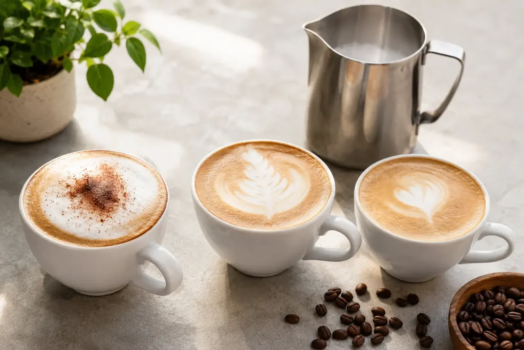 cappuccino, latte i flat white pokazujące różną strukturę mlecznej pianki