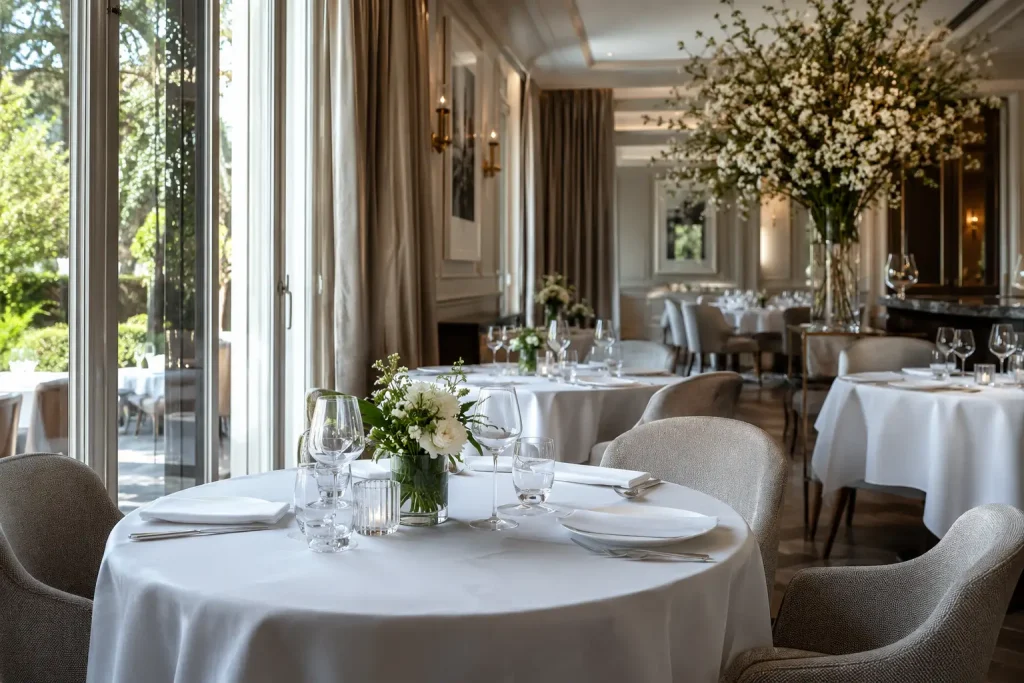 elegancka sala restauracyjna z nakrytym stołem i subtelnym światłem