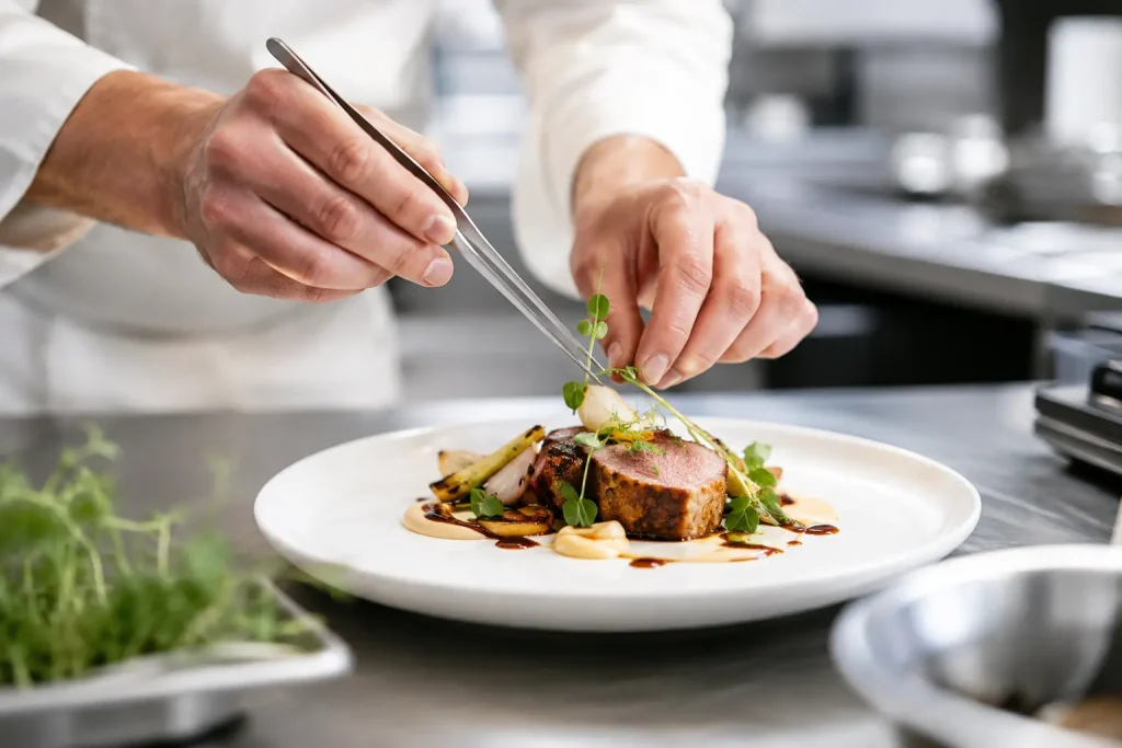 kuchnia restauracyjna z szefem przygotowującym danie degustacyjne