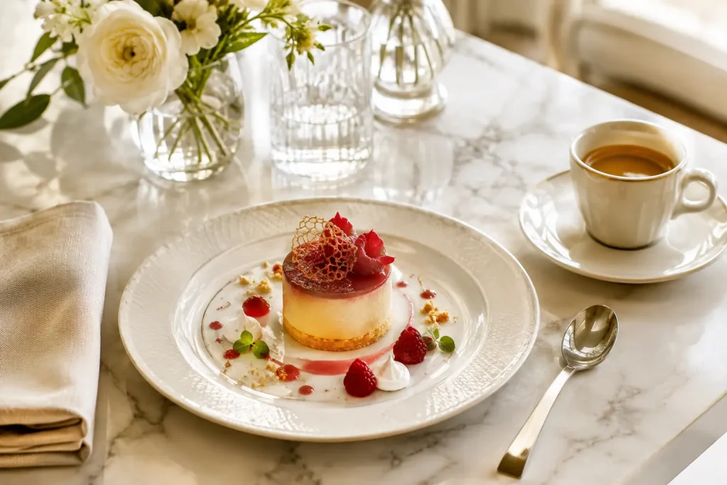 elegancki stół z kawą, deserem i detalami fine dining