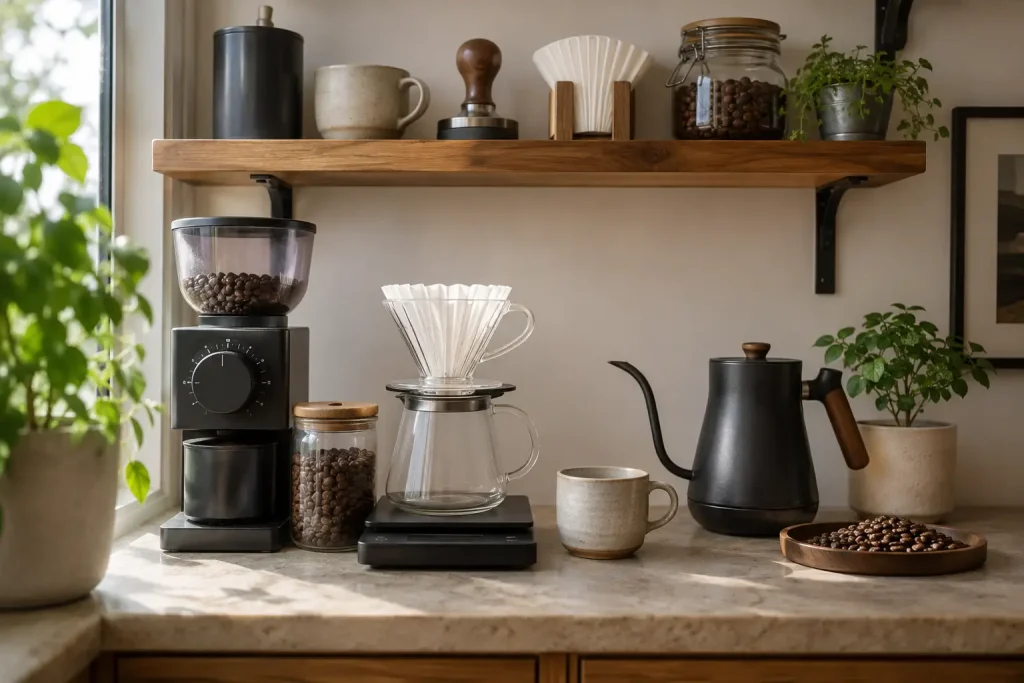 młynek, waga, dripper i filiżanka na domowym blacie